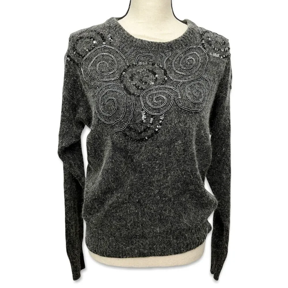 Raoul VINTAGE Gray Silk Angora Sweater Womens Sz M Beaded Sequins Long Sleeve - Picture 1 of 10